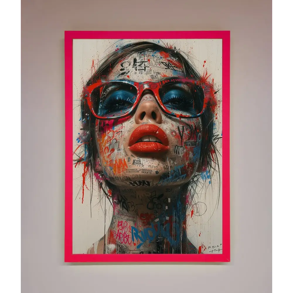 Graffiti Lady Glasses Framed Wall Art - B0 (100 x 141 cm) / Neon Pink - Framed Print