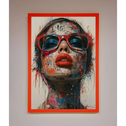 Graffiti Lady Glasses Framed Wall Art - B0 (100 x 141 cm) / Neon Red - Framed Print