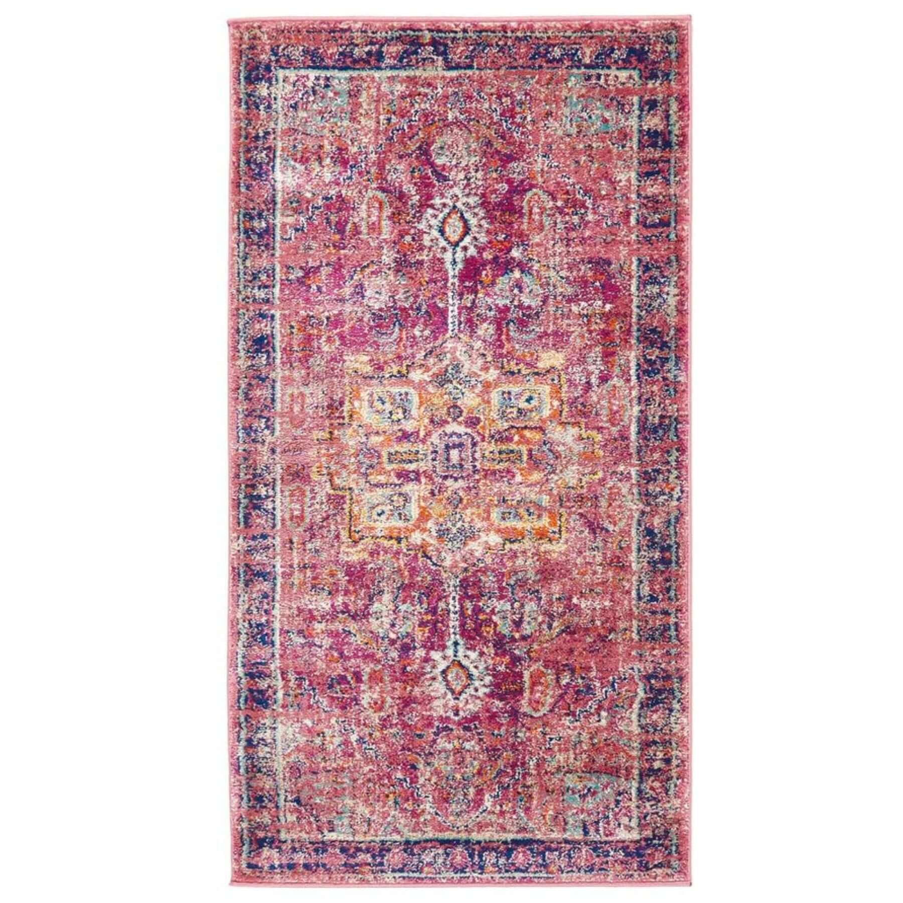 A granada multicolour vintage rectangular rug in faded pink and purple with intricate geometric and floral patterns