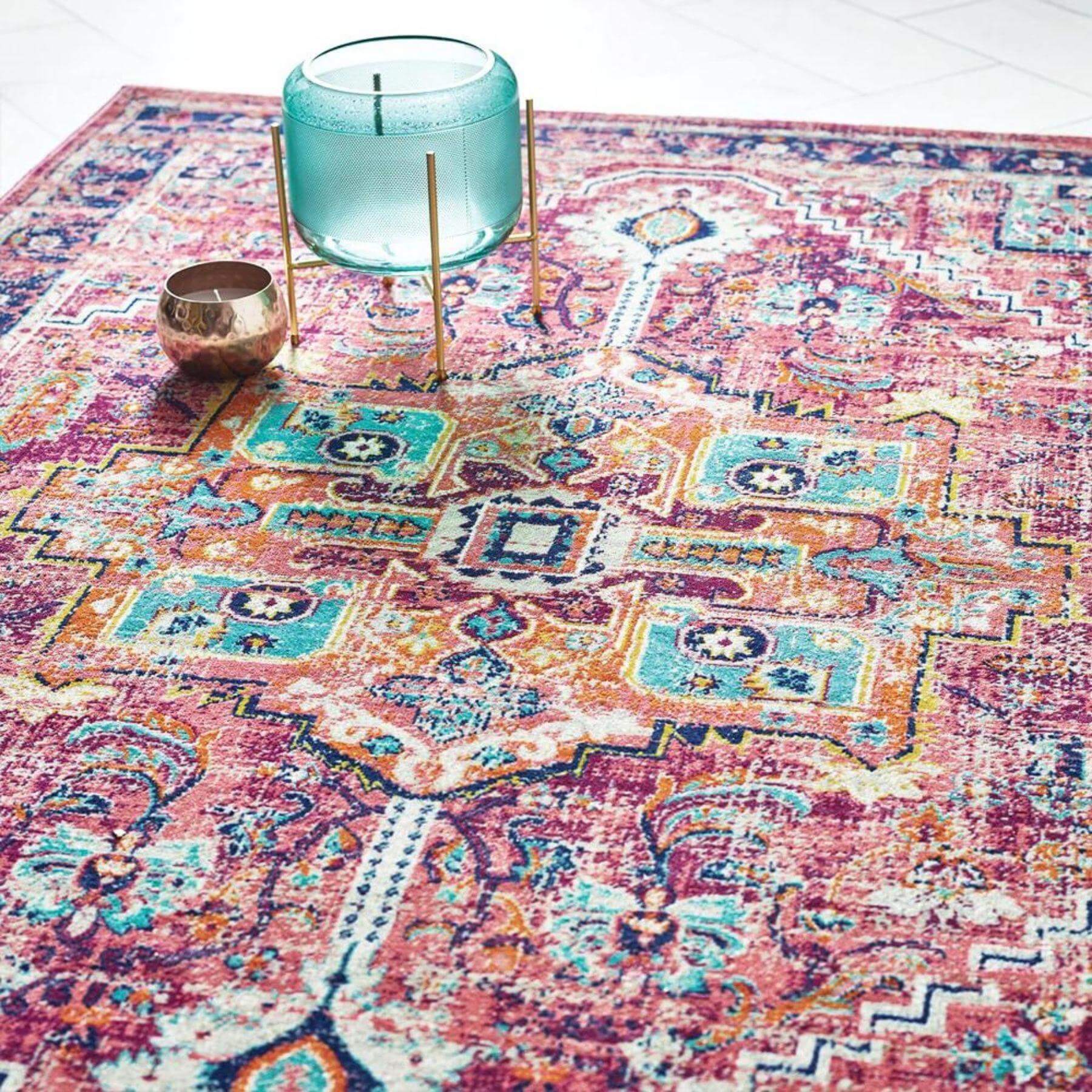 Vibrant pink and teal granada multicolour vintage rug with intricate geometric and floral patterns