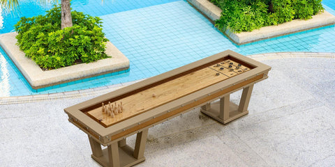 Beige wooden grand shuffleboard nature table with light wood playing surface and dark brown trim for indoor fun