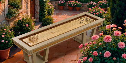 Beige wooden grand shuffleboard nature with smooth playing surface and decorative metal trim for indoor fun