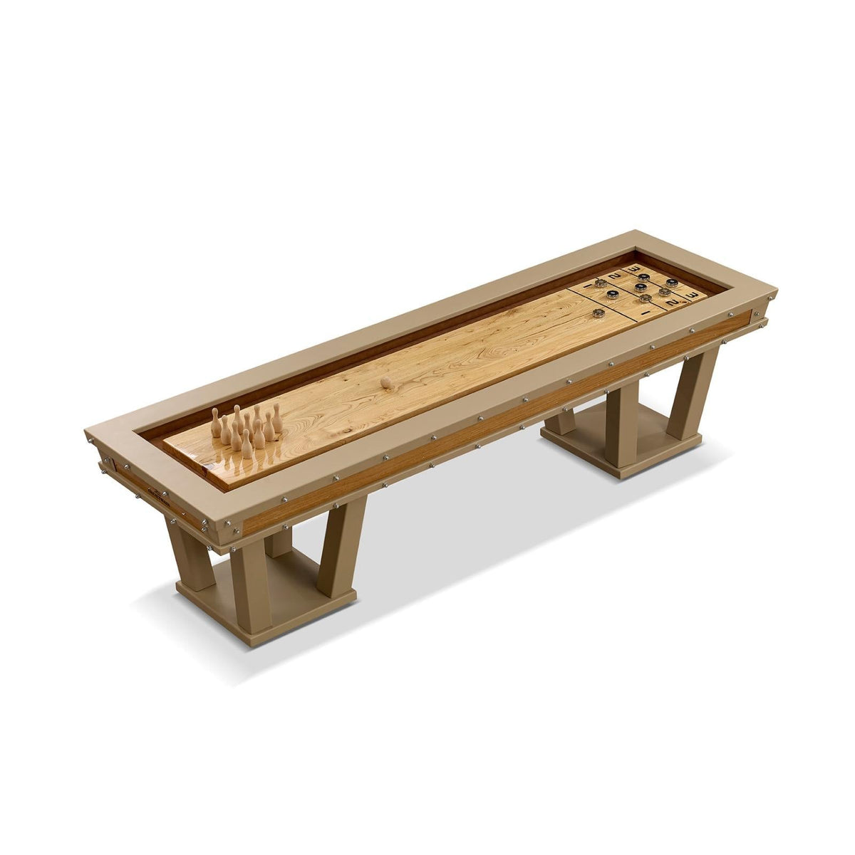 A sleek light wood grand shuffleboard nature table with smooth playing surface and sturdy beige legs