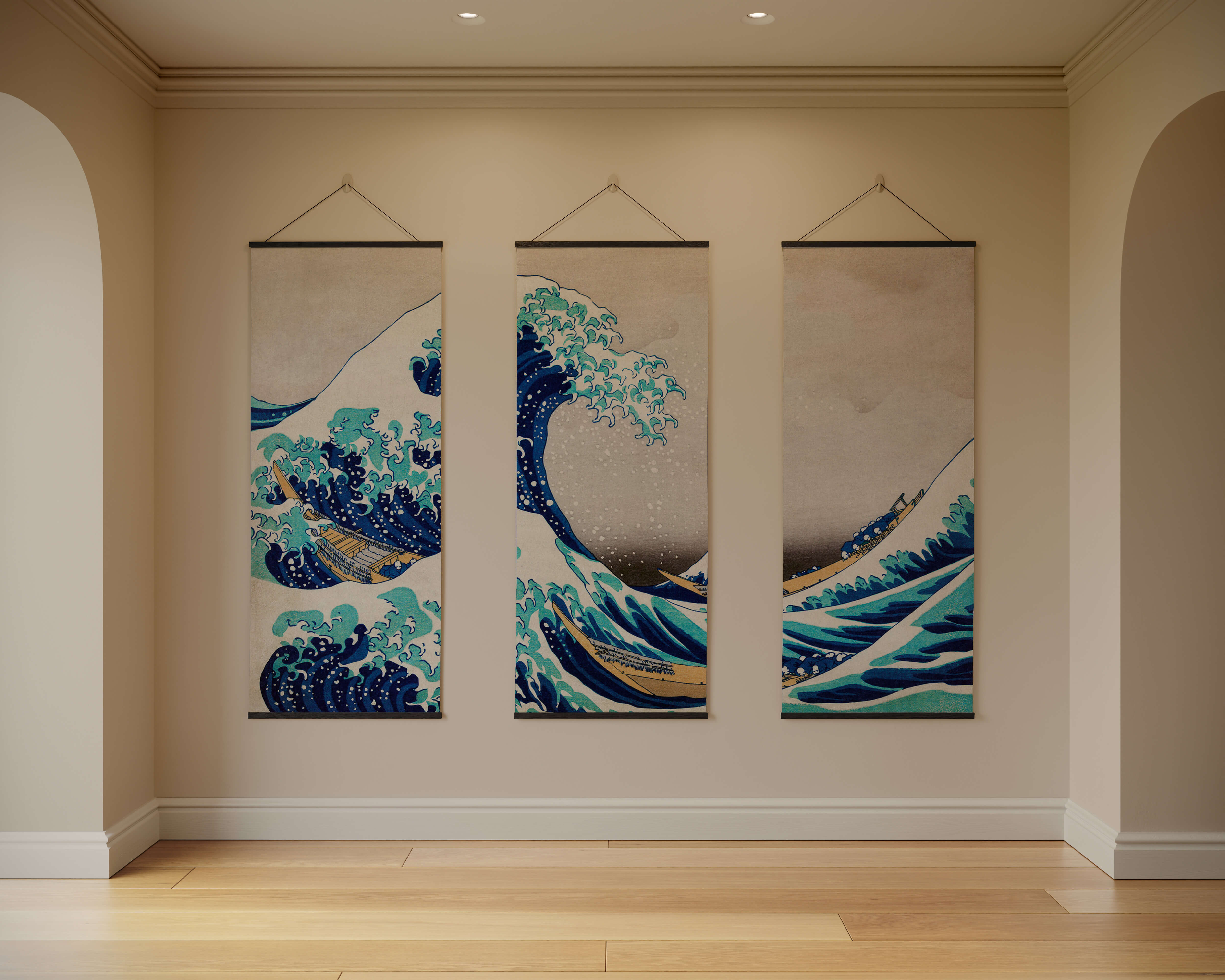 Three-panel hanging kanagawa tapestry featuring great wave in deep blues teal and gold on beige background