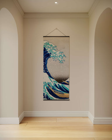 A great wave kanagawa tapestry hanging scroll with vibrant blues whites and a wooden frame for wall decor