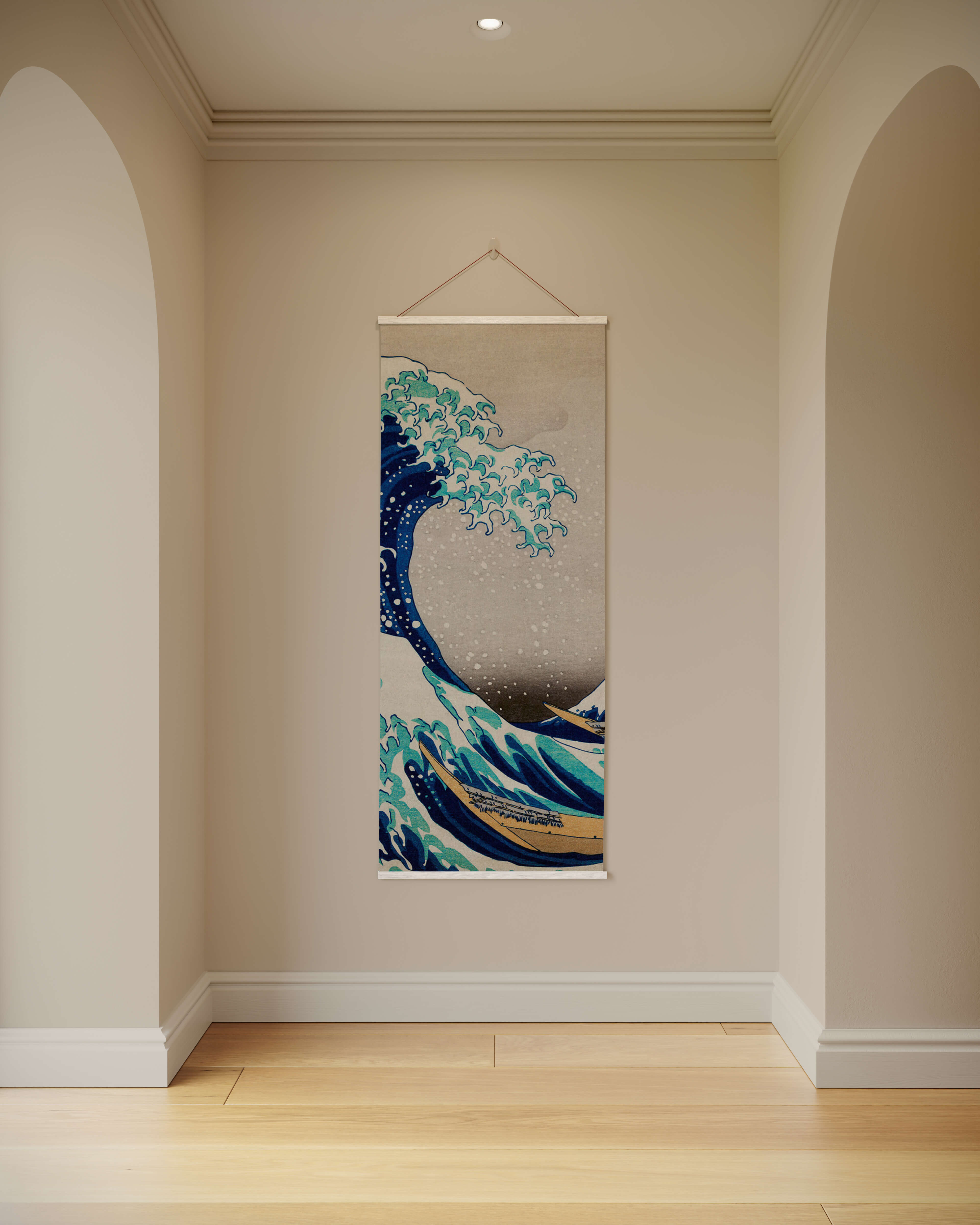 A hanging kanagawa tapestry featuring the great wave with dynamic blue and white waves and a small boat below