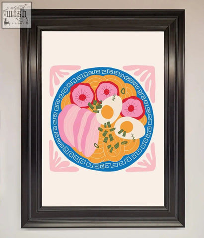 A vibrant stylized bowl of ramen in a black frame on a greek breakfast framed poster for breakfast wall art