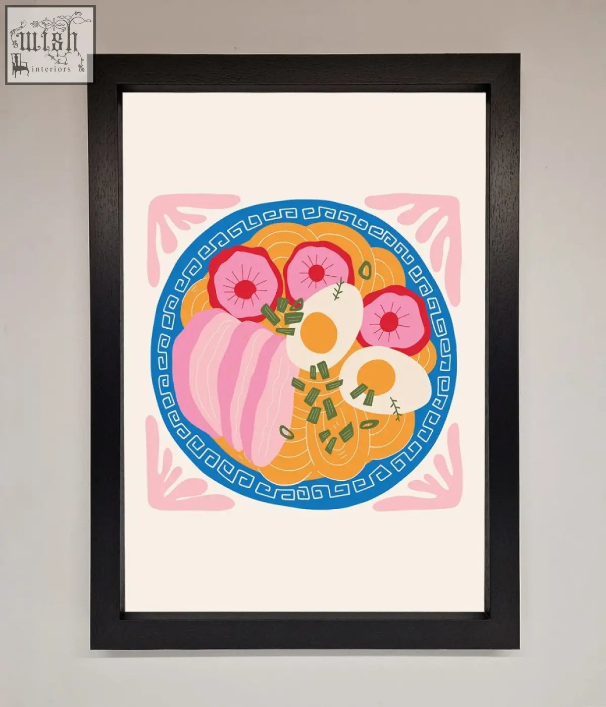 A vibrant stylized ramen bowl in a black frame featured on a greek breakfast framed poster for kitchen decor