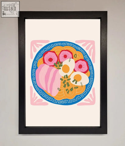 A vibrant stylized ramen bowl in a black frame featured on a greek breakfast framed poster for kitchen decor