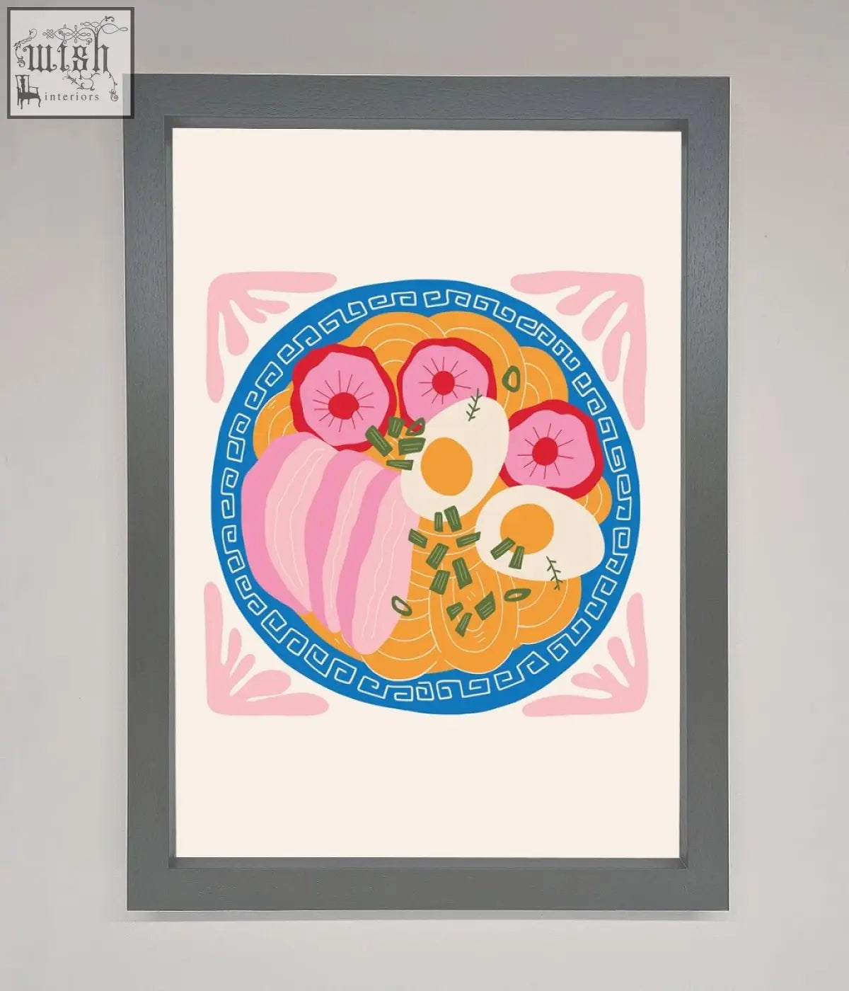 A vibrant stylized ramen bowl in a gray frame on a greek breakfast framed poster for kitchen decor