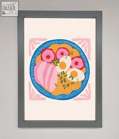 A vibrant stylized ramen bowl in a gray frame on a greek breakfast framed poster for kitchen decor