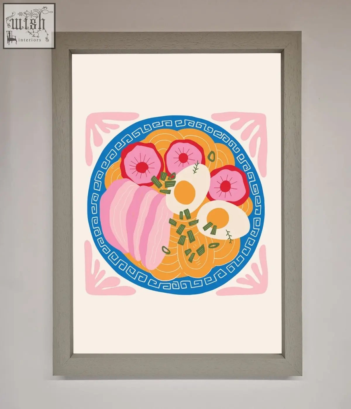 A greek breakfast framed poster showing vibrant orange ramen noodles with pink pork belly and soft boiled eggs in a gray frame