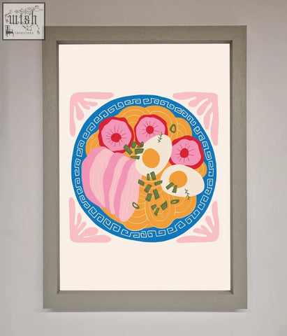 A greek breakfast framed poster showing vibrant orange ramen noodles with pink pork belly and soft boiled eggs in a gray frame