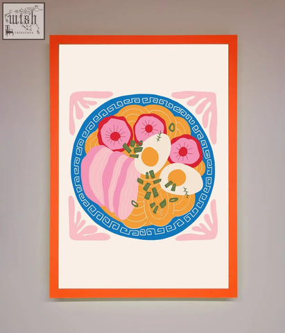 A greek breakfast framed poster featuring a vibrant orange frame and illustration of ramen with eggs and radishes