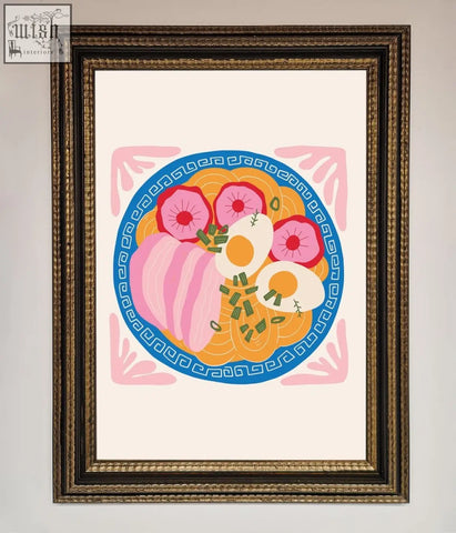 A vibrant ramen bowl illustration in an ornate gold frame on a greek breakfast framed poster for kitchen decor