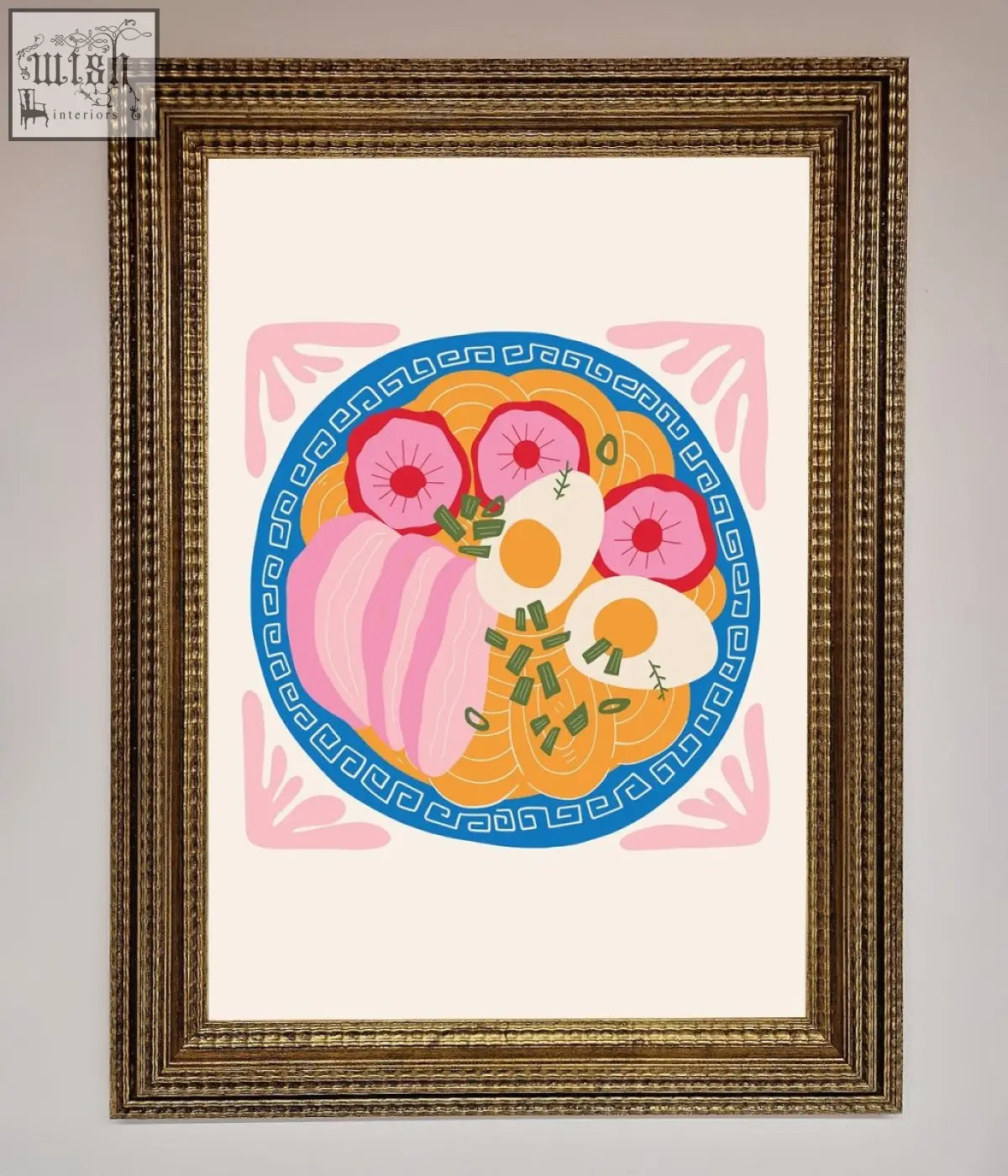 A vibrant stylized ramen bowl in an ornate gold frame featured on a greek breakfast framed poster for breakfast decor