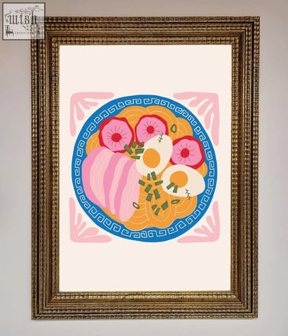 A vibrant stylized ramen bowl in an ornate gold frame featured on a greek breakfast framed poster for breakfast decor