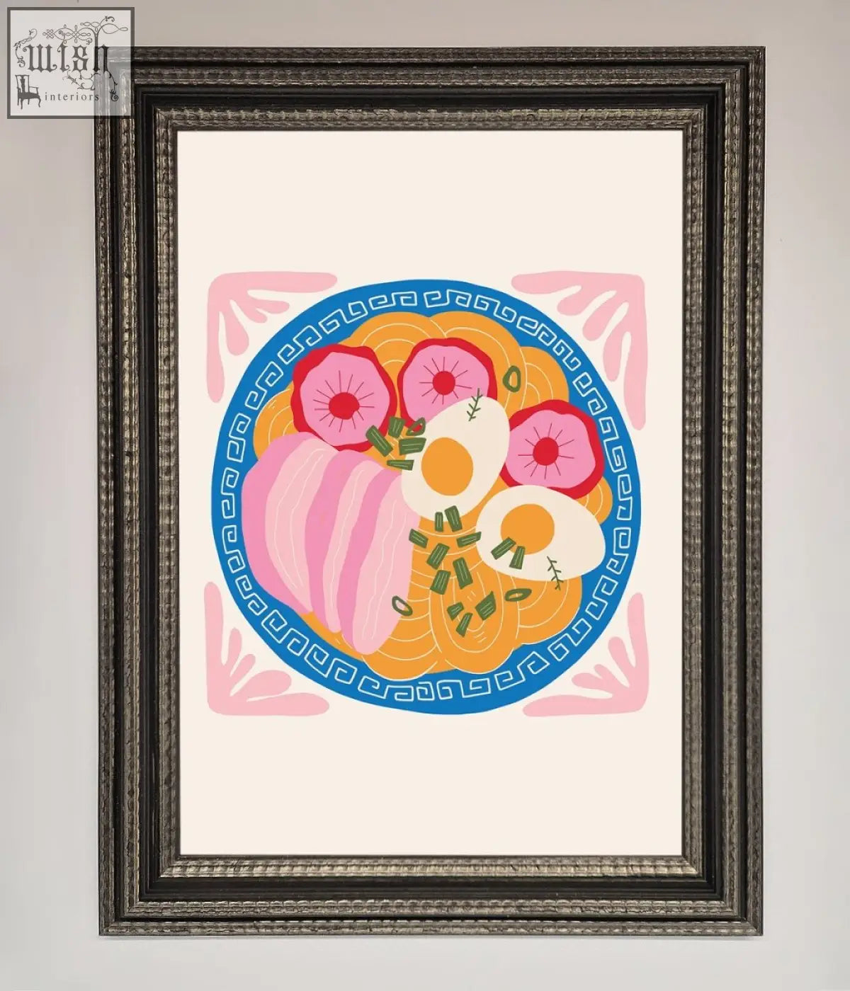 A greek breakfast framed poster featuring a vibrant ramen bowl with pink radishes, soft eggs, and green onions