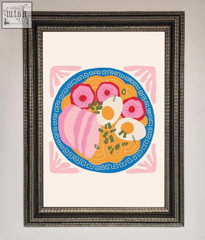 A greek breakfast framed poster featuring a vibrant ramen bowl with pink radishes, soft eggs, and green onions