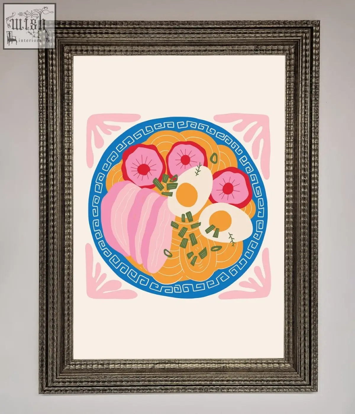A greek breakfast framed poster featuring a vibrant ramen bowl with pink flowers and sliced pork on orange noodles