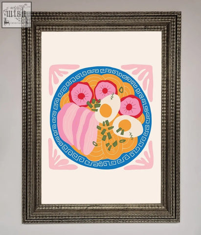 A greek breakfast framed poster featuring a vibrant ramen bowl with pink flowers and sliced pork on orange noodles