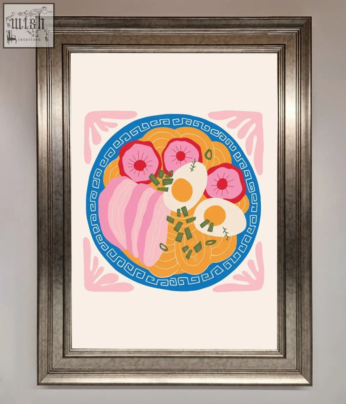 A vibrant ramen bowl illustration in a silver frame perfect for a greek breakfast framed poster wall art