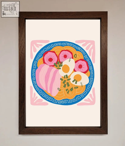 A greek breakfast framed poster featuring a vibrant ramen bowl with pink radish and soft-boiled eggs in a dark wood frame