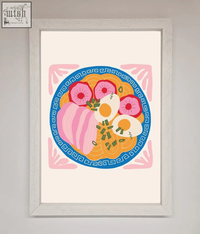 Colorful greek breakfast framed poster featuring a ramen bowl with pink and yellow noodles and sliced pork toppings