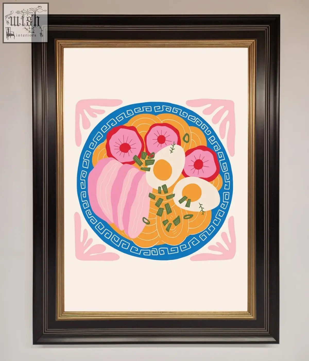 A vibrant ramen bowl illustration in a black and gold frame on a greek breakfast framed poster perfect for breakfast decor