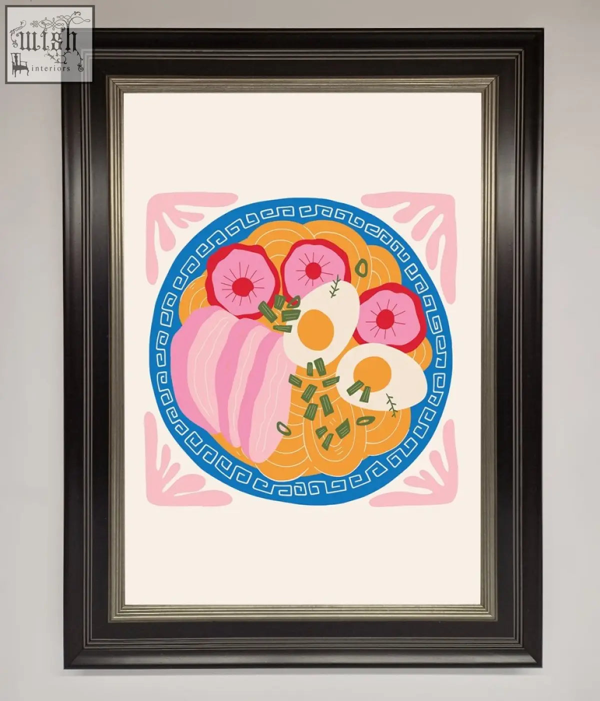 A greek breakfast framed poster featuring a vibrant stylized ramen bowl illustration in a black frame