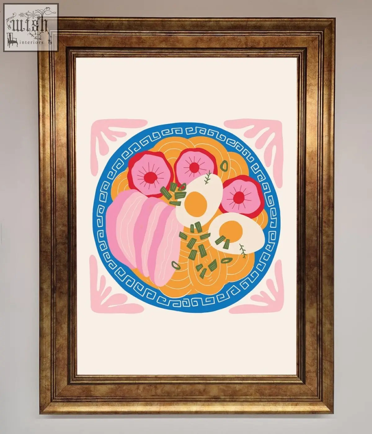 A vibrant gold framed greek breakfast framed poster featuring a stylized ramen bowl illustration perfect for kitchen decor
