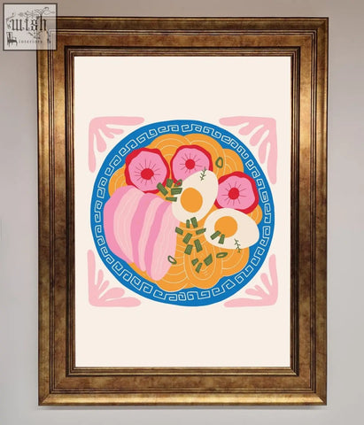 A vibrant gold framed greek breakfast framed poster featuring a stylized ramen bowl illustration perfect for kitchen decor