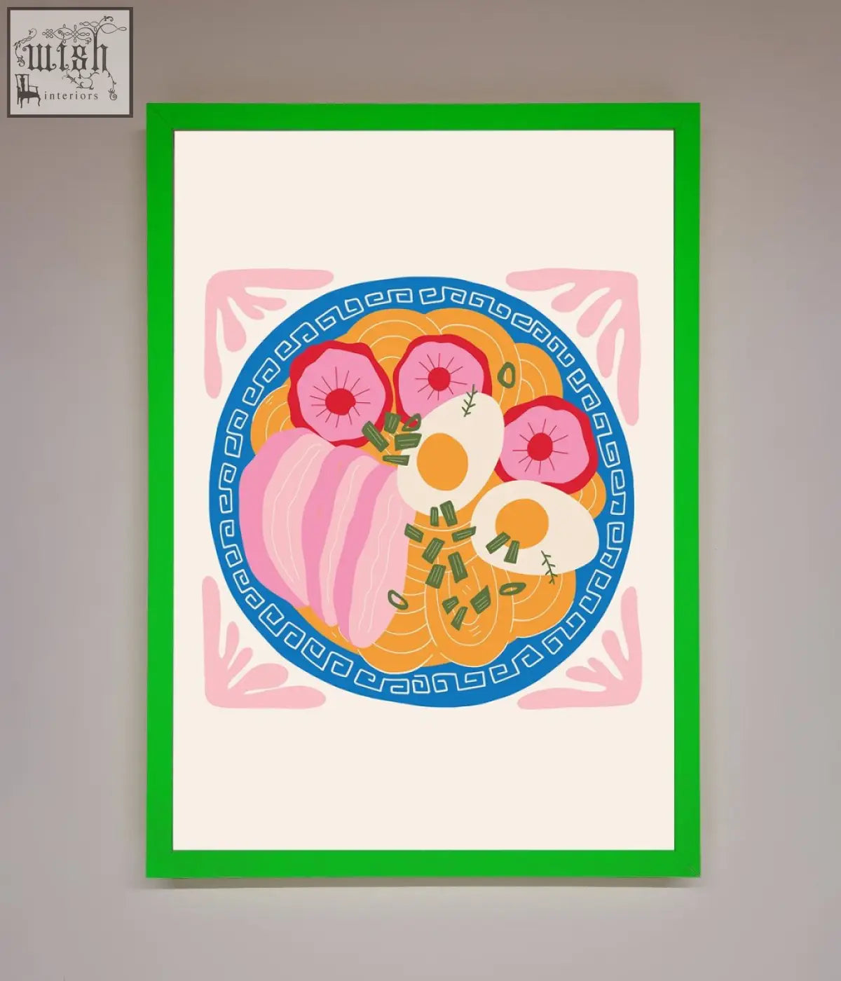 A greek breakfast framed poster featuring a vibrant ramen bowl with orange noodles and pink radish slices