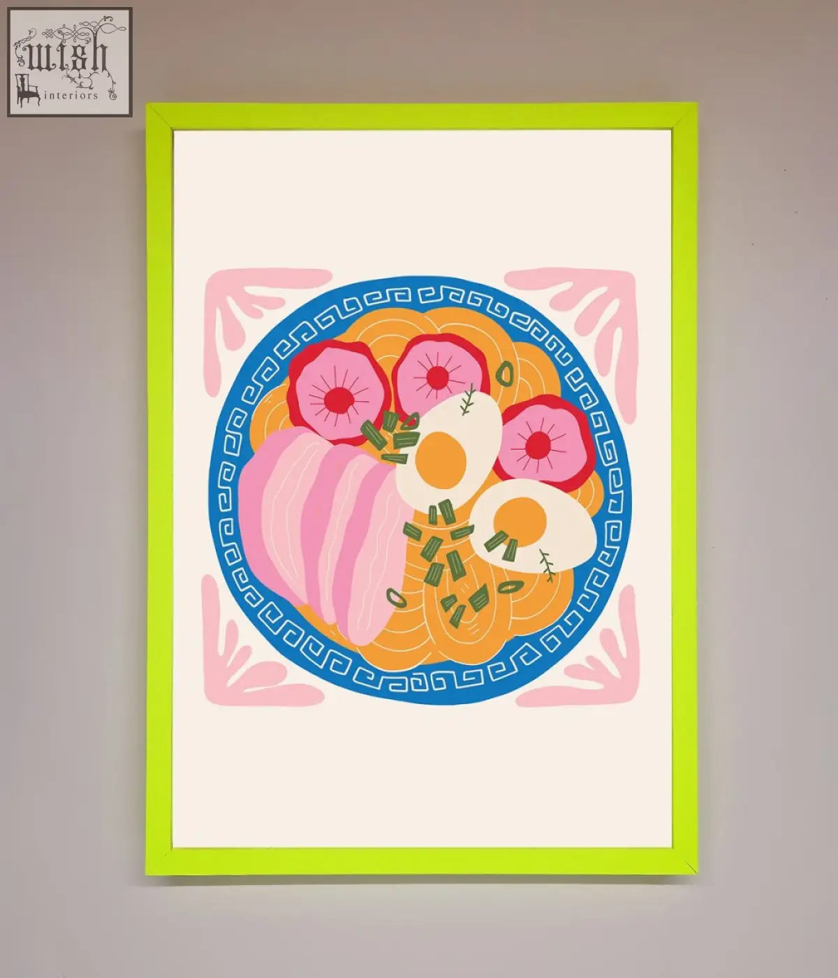Vibrant lime green greek breakfast framed poster featuring ramen bowl with pink radish slices and soft-boiled eggs