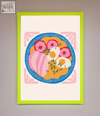 Vibrant lime green greek breakfast framed poster featuring ramen bowl with pink radish slices and soft-boiled eggs