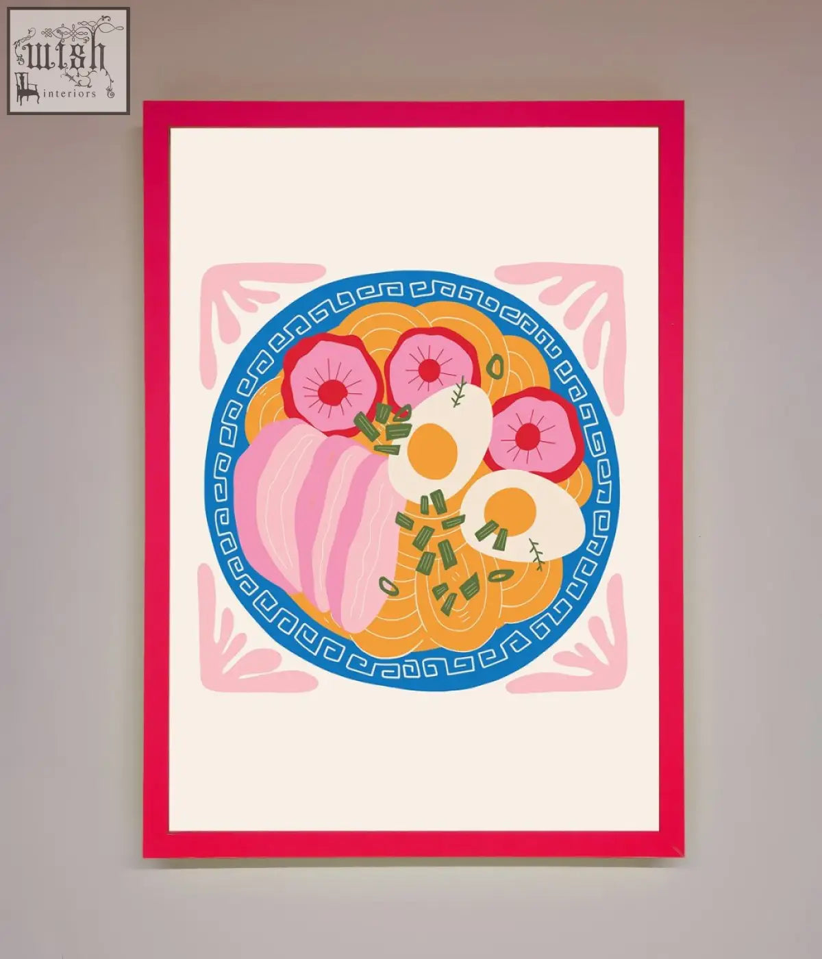 A vibrant pink-framed greek breakfast framed poster featuring a bowl of ramen with orange noodles and halved eggs