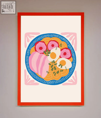 A greek breakfast framed poster featuring a vibrant stylized ramen bowl in an orange red frame print