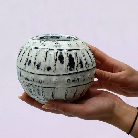 Handcrafted cream greek bubble clay plant pot with black brushstroke patterns and textured ridges 10cm size
