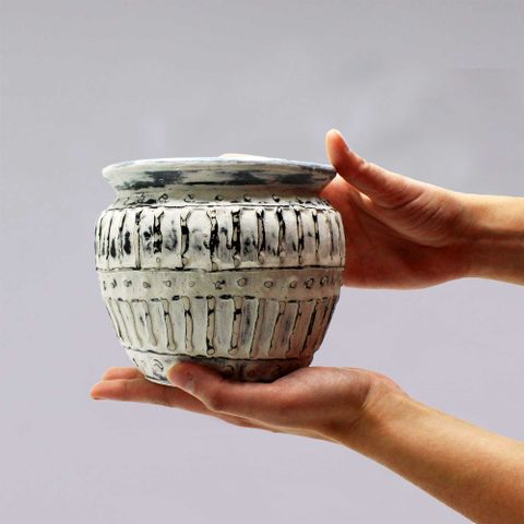 Handcrafted greek clay plant pot with textured ribbed body cream glaze and matching lid 12cm size