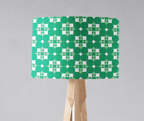Green and white geometric design lampshade with vibrant hexagon and diamond pattern for table lamp or ceiling use
