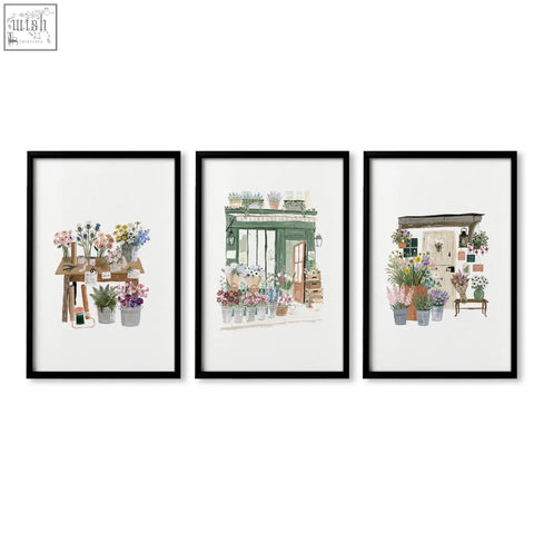 Set of three black framed green art floral shop watercolor prints perfect for dining room wall decor