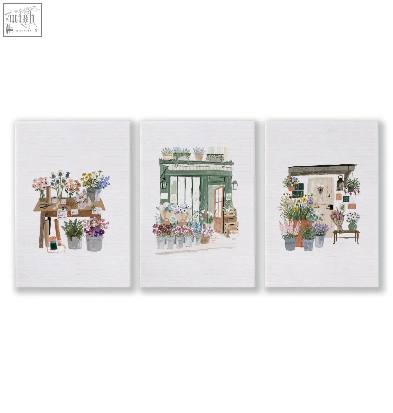 Set of 3 green art flower shop wall art prints featuring watercolor floral blooms in rustic pots for dining room decor