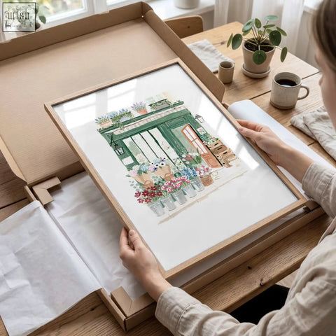 A framed green art flower shop watercolor print with colorful blooms perfect for dining room wall art prints