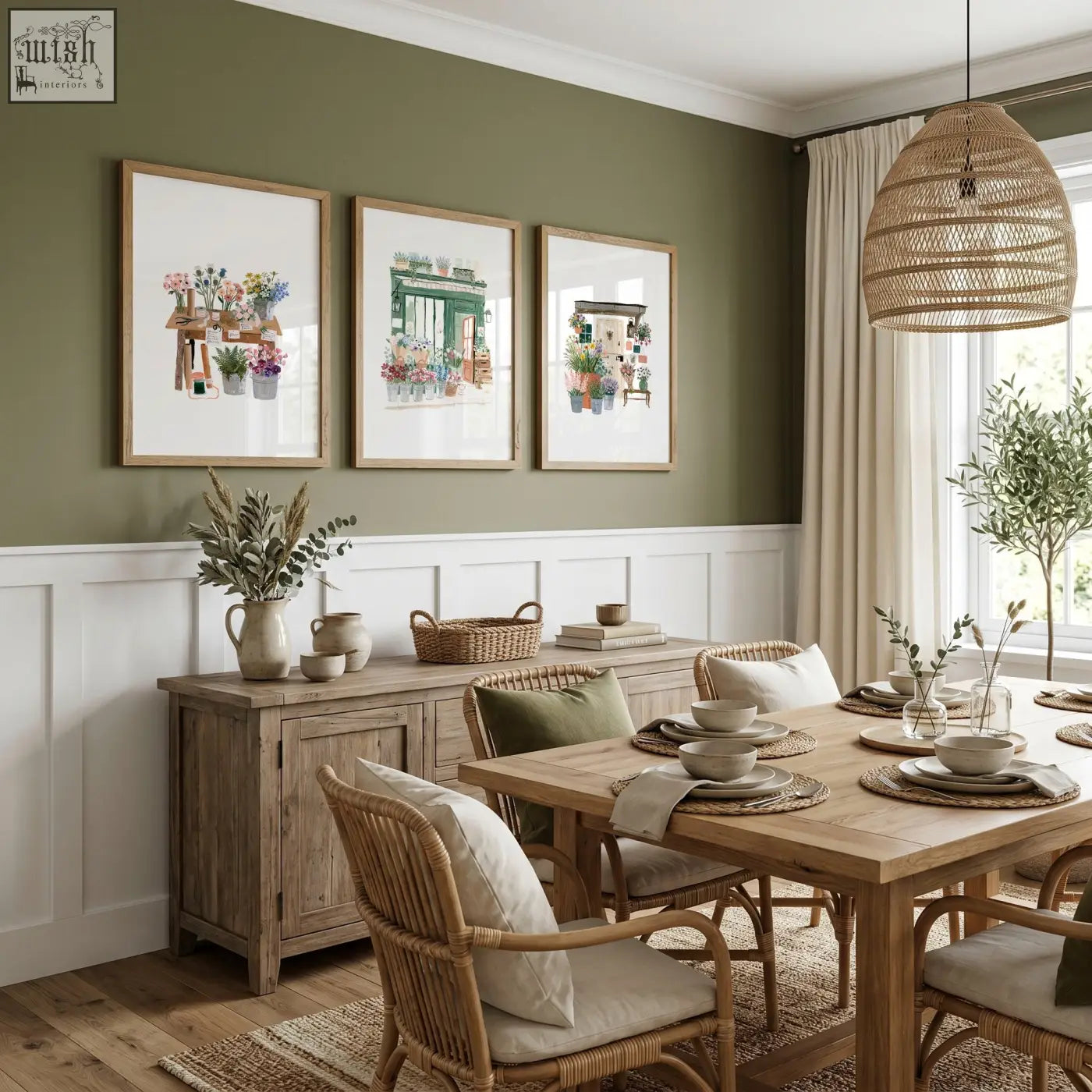 Woven rattan pendant light fixture in natural color perfect for dining room with green art prints wall decor set of 3