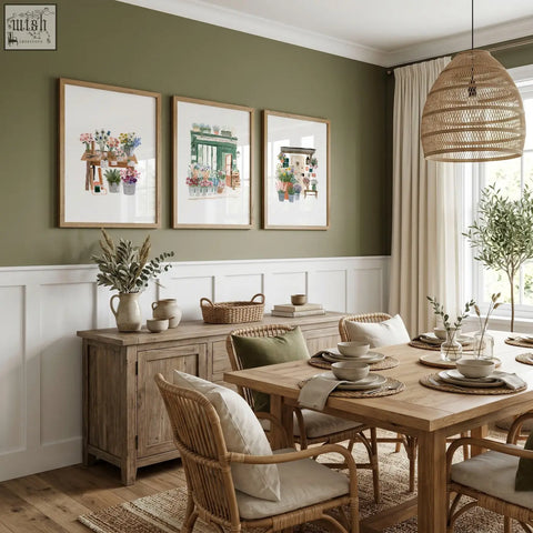 Woven rattan pendant light fixture in natural color perfect for dining room with green art prints wall decor set of 3