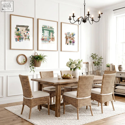 Woven wicker dining chairs with cream cushioned seats paired with green art cottage flower shop wall art prints set of 3