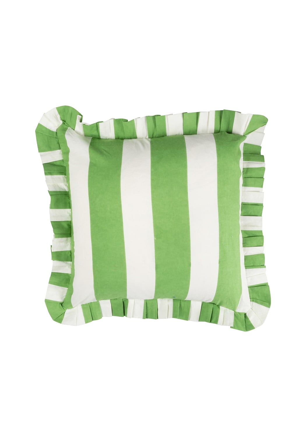 A square green and white striped cushion cover with ruffled edges perfect for cozy cabin vibes