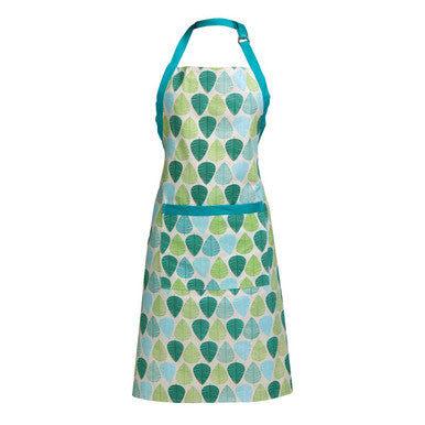 Green leaf printed apron with teal and green leaf pattern and adjustable neck strap for cooking or gardening