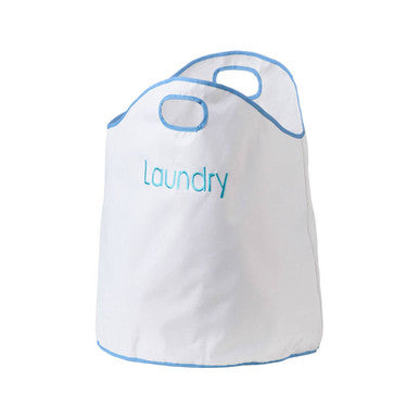 Green loop white and blue laundry bag with light blue trim and embroidered laundry text for organizing clothes