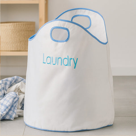 Green loop white laundry bag with light blue trim and embroidered laundry text for easy laundry sorting